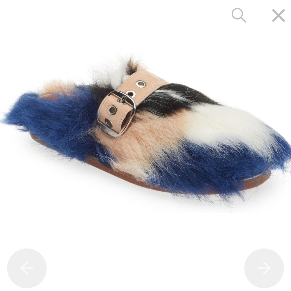 Jeffrey Campbell Rlxathome Faux Fur Mule Slide Slipper Beige Blue Combo